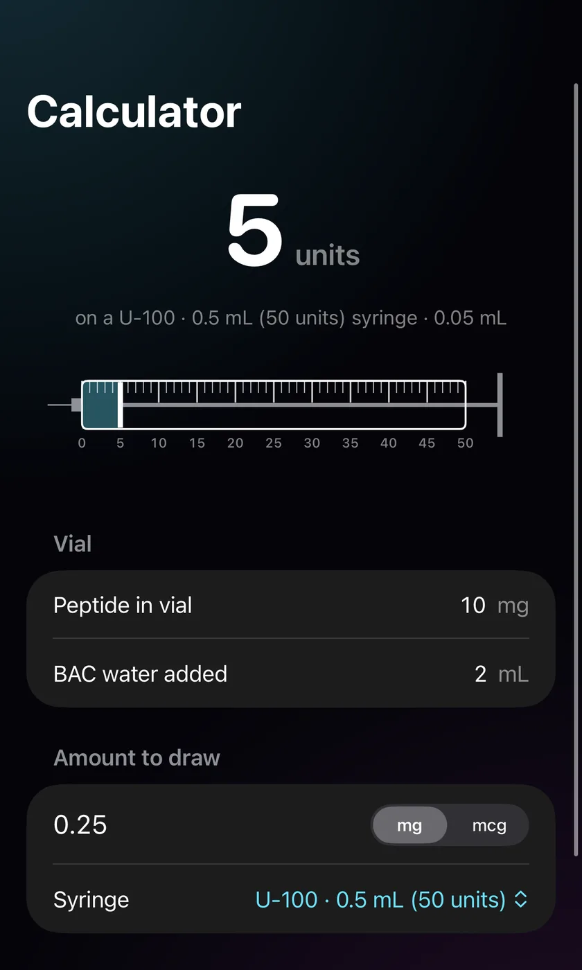 PepShare calculator showing 5 units on a U-100 syringe