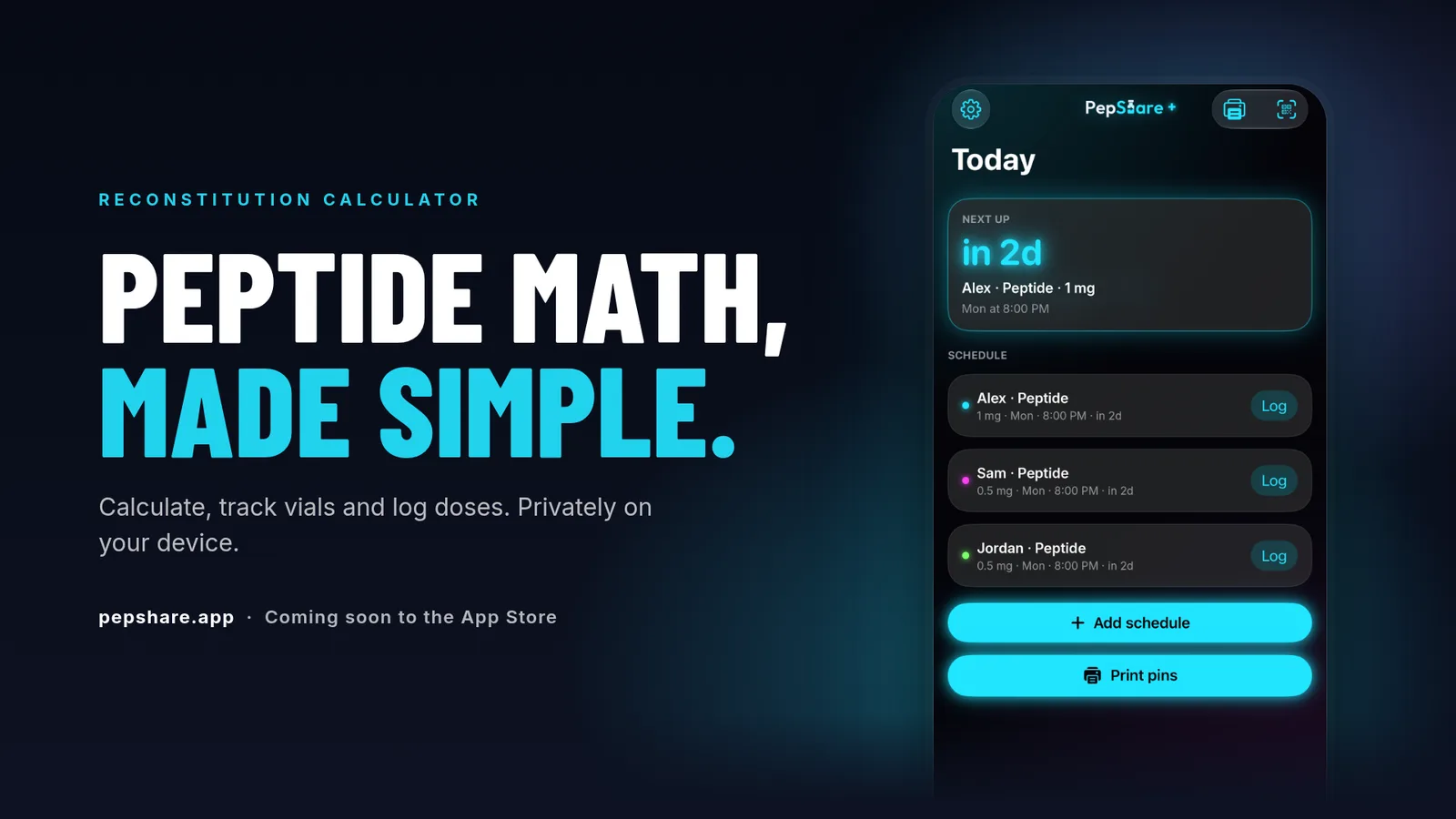 Peptide math, made simple. PepShare Today screen with the next dose and everyone's schedule.